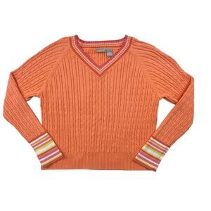 Field Gear Sweater Cable Knit Striped V-Neck Golf Preppy Tennis Women XL Orange